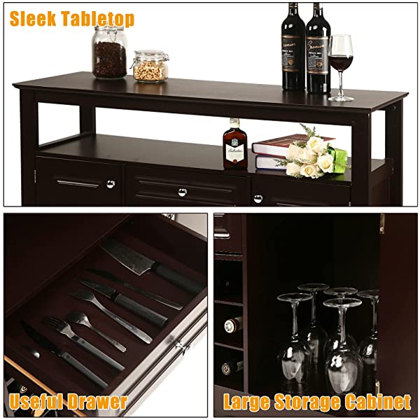 Apepro Sideboard Wine Cabinet Buffet Kitchen Buffet Bar Cabinet with Drawers and 12-Bottle Wine Rack, Dining Buffet Table Storage Buffet Cabinet for Living Room and Home