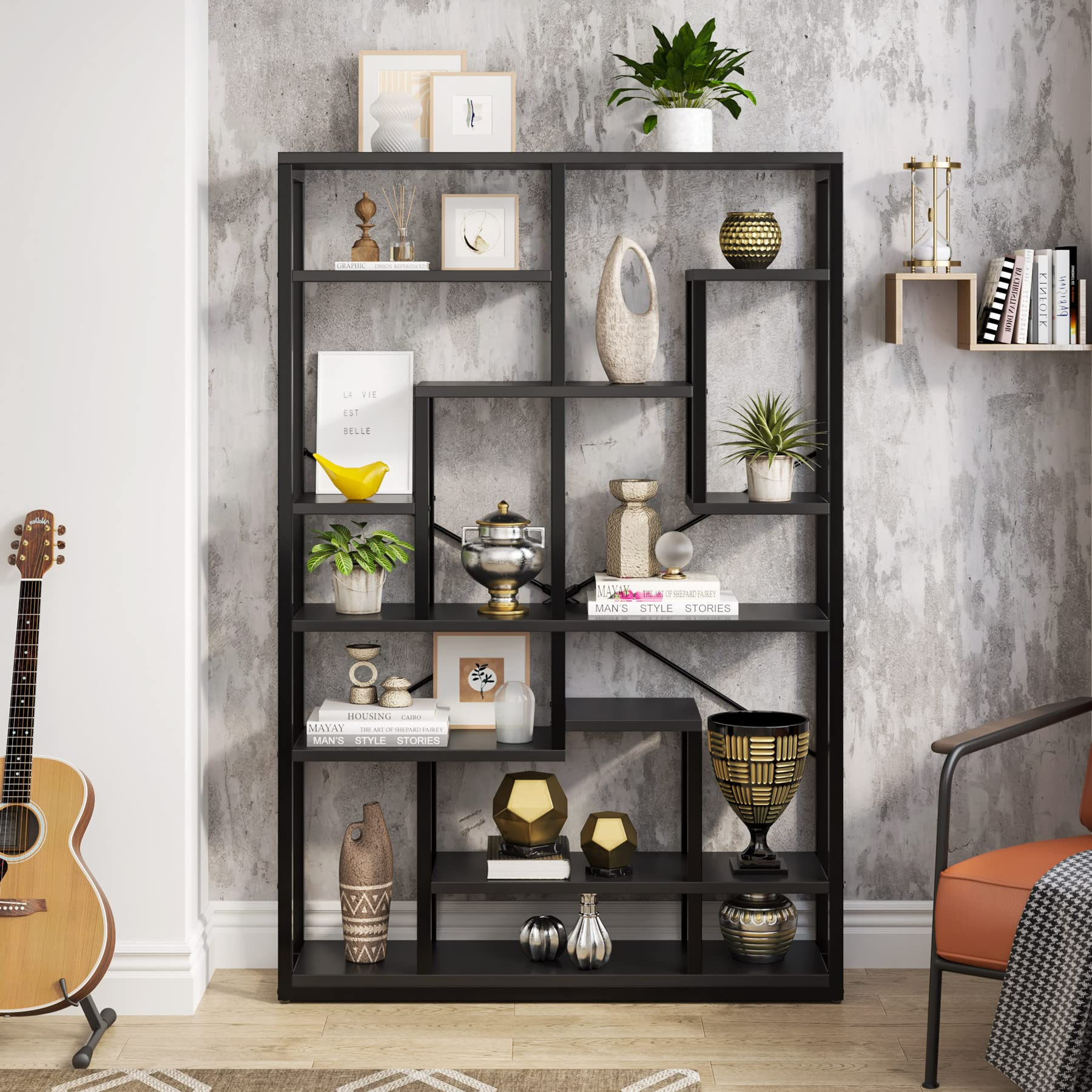 【Furniture】Black Bookshelf 47” Bookcase 9 Tier Tall Book Shelf Rustic Geometric Bookcase Display Shelf Organizer