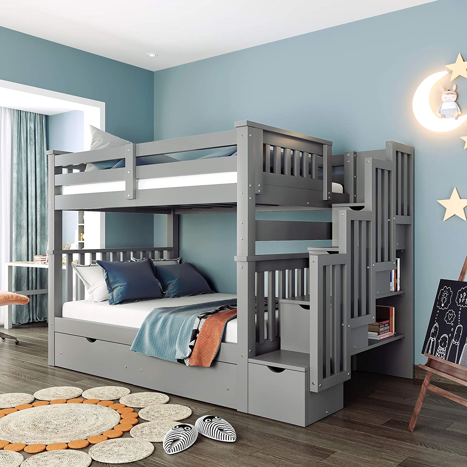 【Furniture】Full Over Full Bunk Bed with Shelves, Stairway Bunk Bed Full Size with 6 Storage Drawers