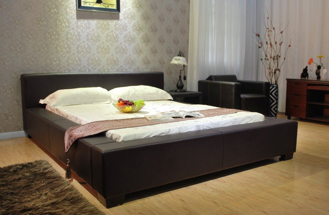 【Furniture】Classic Symmetrical Bed, California King Size Bed Frame, Color Black Upholstered Platform Bed