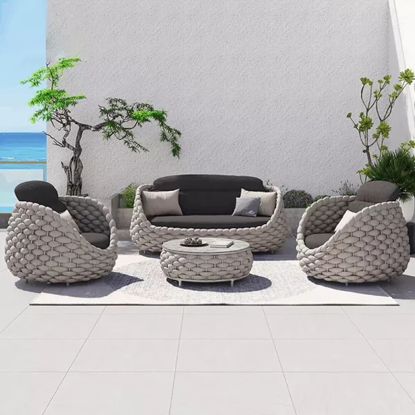 CLEARANCE SALE-4- PIECES TEXTILENE ROPE WOVEN OUTDOOR SECTIONAL SOFA SET WITH REMOVABLE CUSHION PILLOW