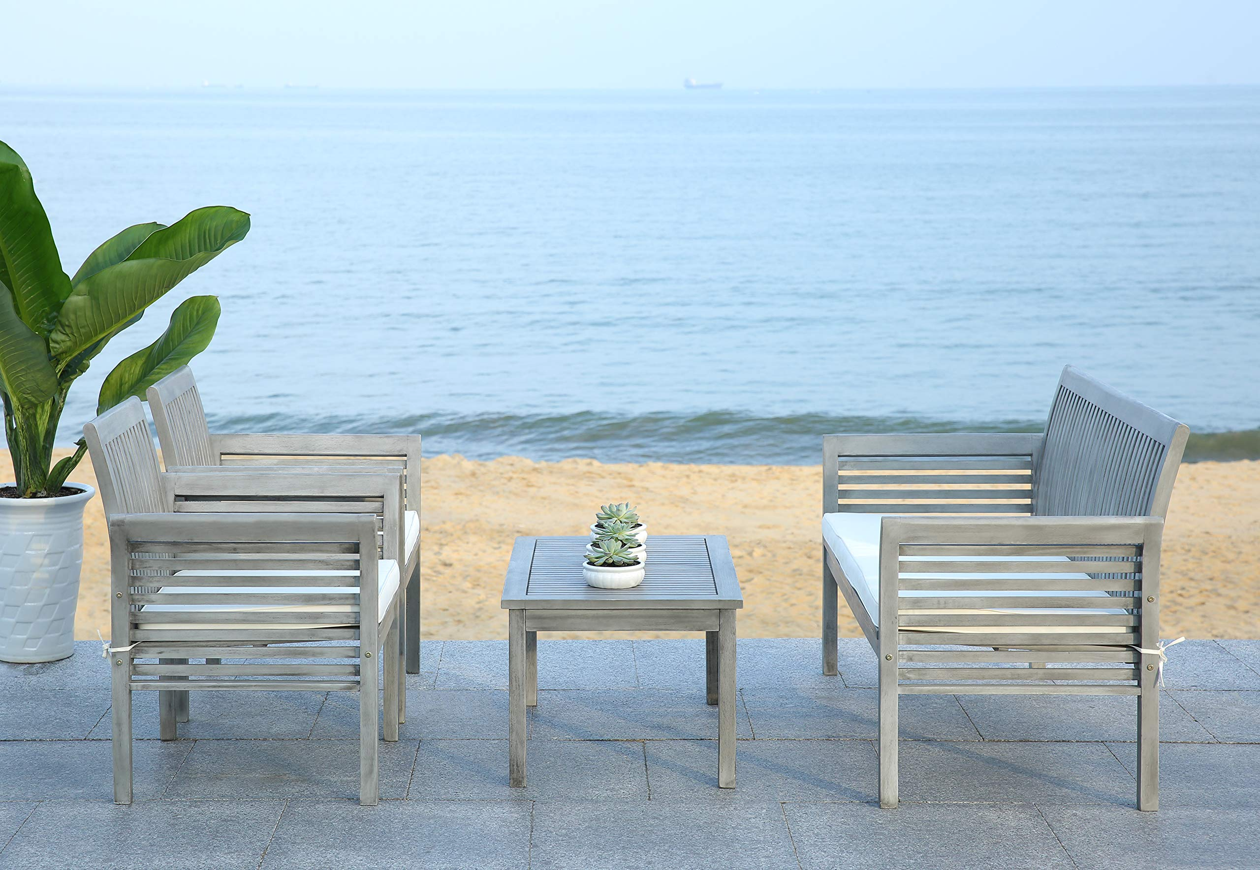 【Furniture】Outdoor Collection Carson Grey Wash/ Beige Cushions 4-Piece Conversation Patio Set
