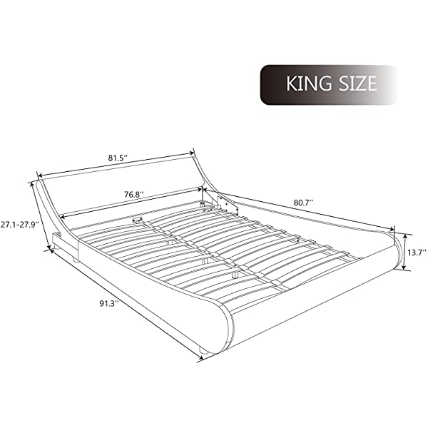 SHA CERLIN King Size Platform Bed, Faux Leather Low Profile Sleigh Bed Frame with Adjustable Headboard, Wood Slat Support, Black & White Black + White King
