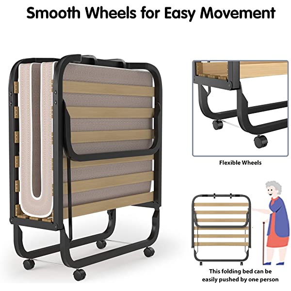 Giantex Rollaway Folding Bed with 4 Inch Mattress, Portable Foldable Guest Bed for Adults, Sturdy Metal Frame, Memory Foam Mattress, Folding Bed Cot Size (Beige & Black) Wood