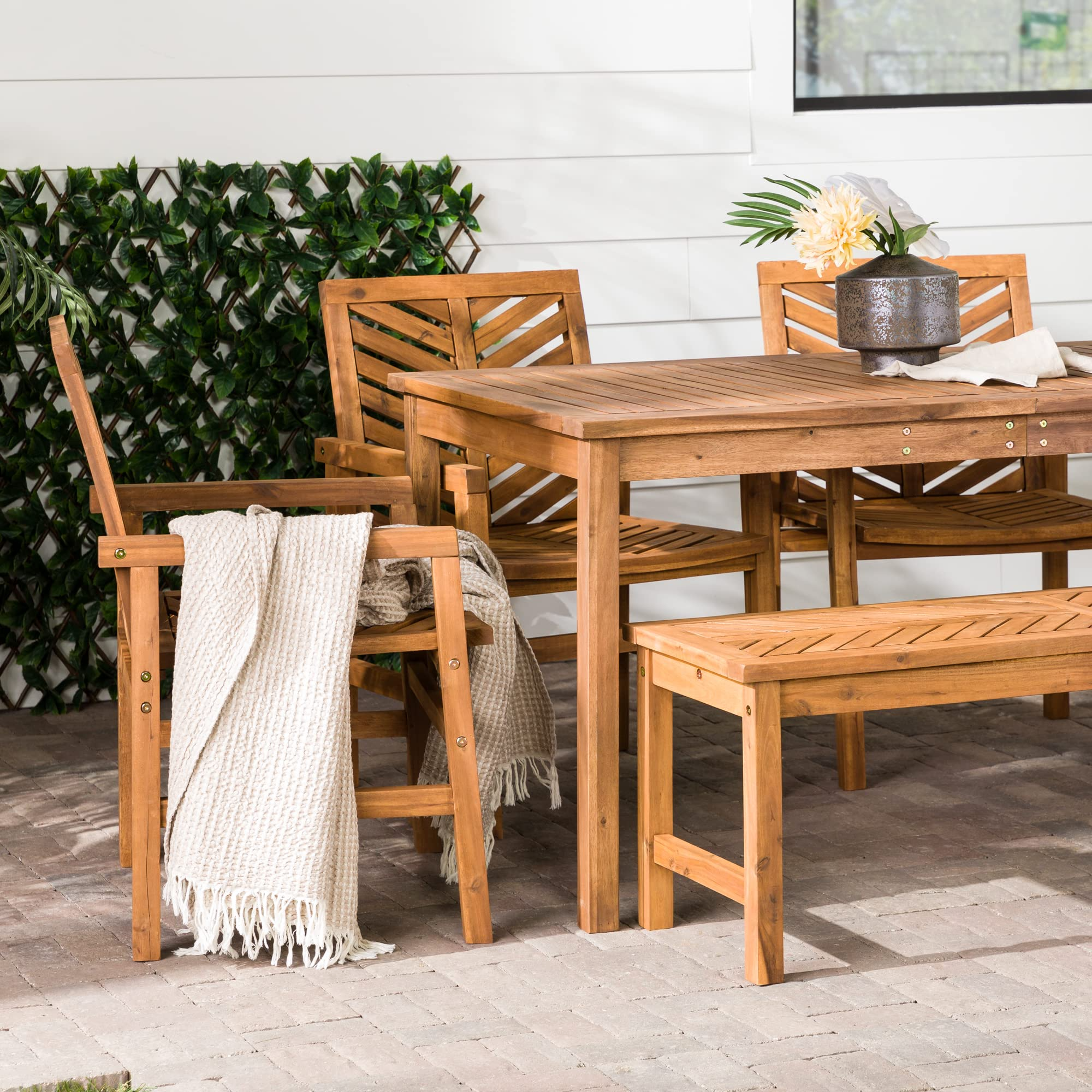 【Furniture】7 Person Outdoor Wood Chevron Patio Furniture Dining Set Table Chairs Bench
