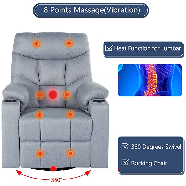 Esright Grey Fabric Massage Recliner Chair 360 Degrees Swivel Heated Ergonomic Lounge Chair
