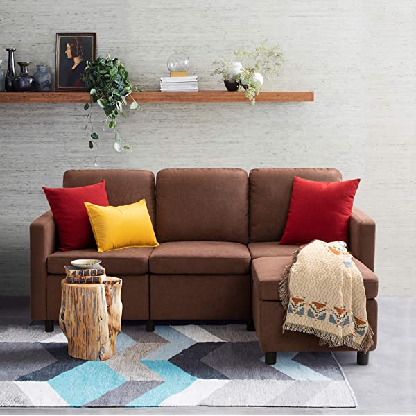 Flamaker Convertible Sectional Sofa L-Shaped Couch 3-seat Modern Fabric Reversible Sofa Couch for Living Room (Brown)