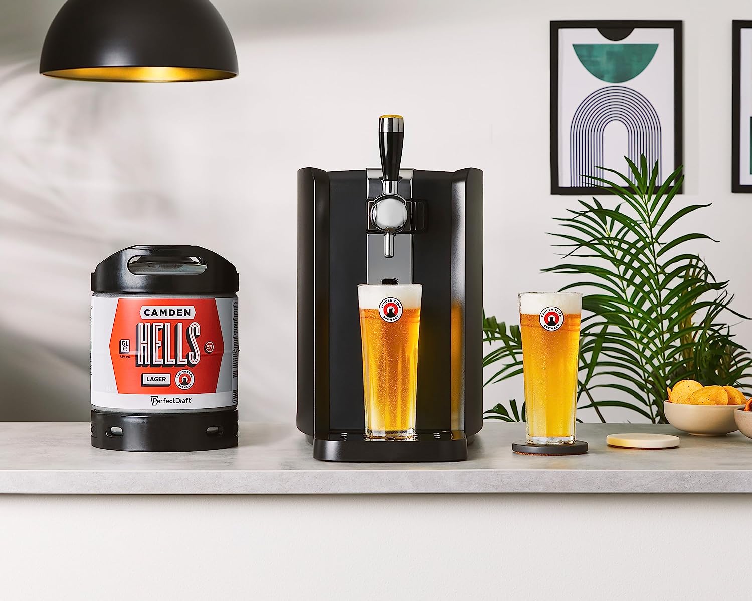 PerfectDraft Phillips Machine Home Beer Cooler and Dispenser System HD 372025 and Camden Hells Keg