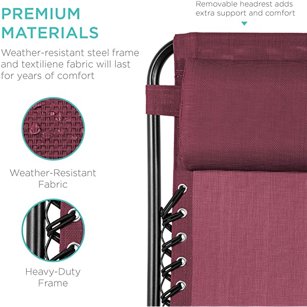 Best Choice Products Set of 2 Adjustable Steel Mesh Zero Gravity Lounge Chair Recliners w/Pillows and Cup Holder Trays - Burgundy