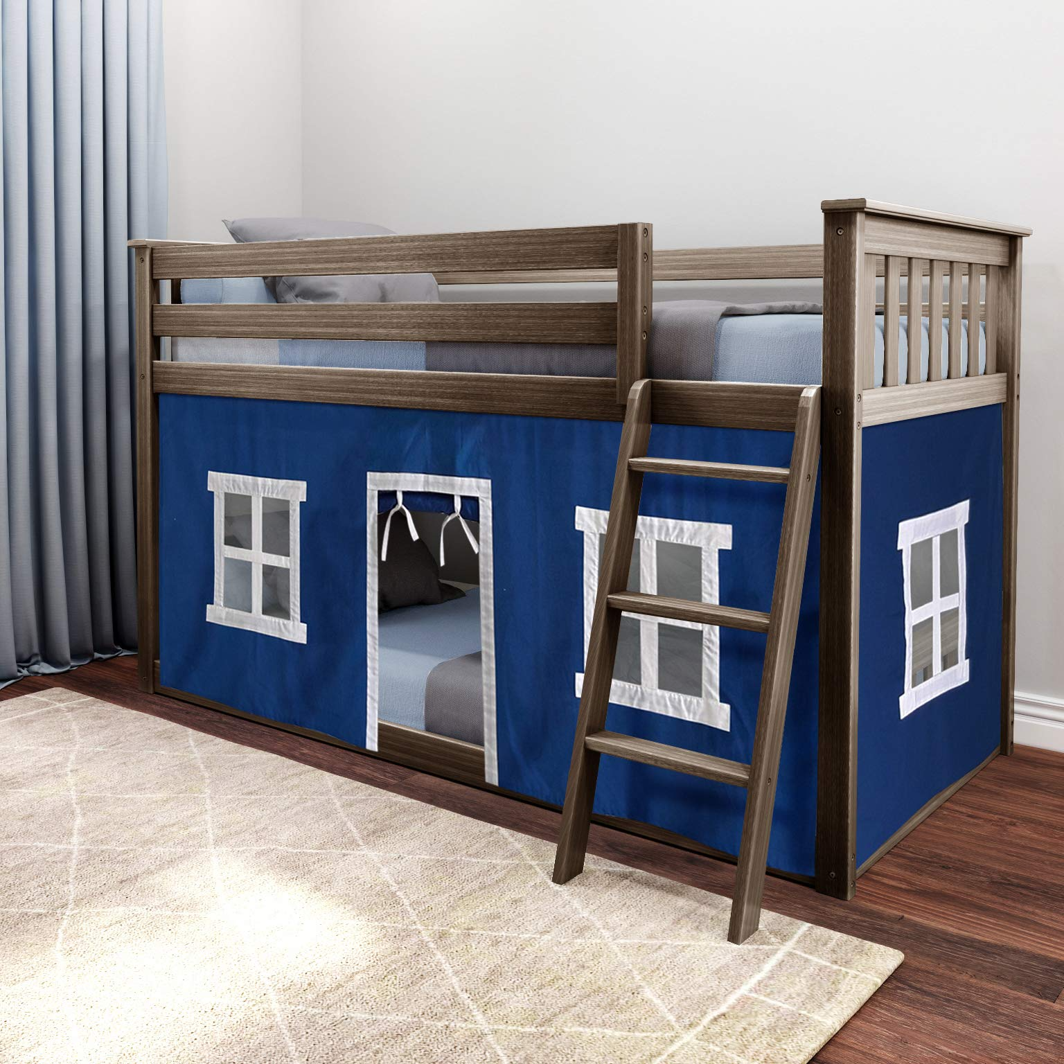 【Furniture】Low Bunk Bed, Twin-Over-Twin Bed Frame for Kids with Curtains for Bottom, Clay/Blue