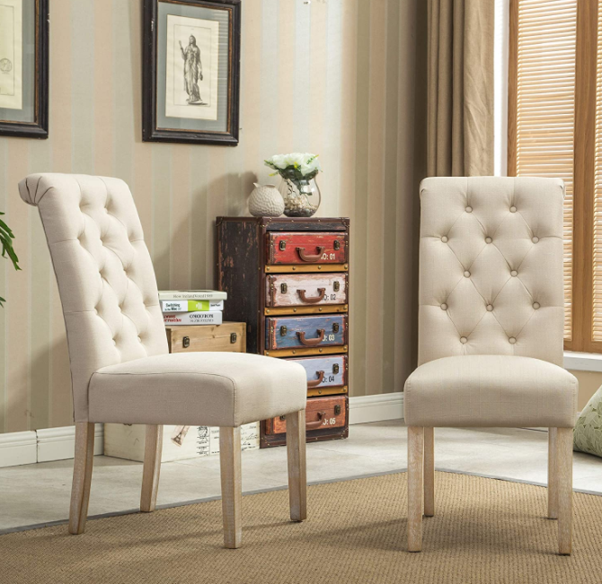 Roundhill Furniture Habit Solid Wood Tufted Parsons Dining Chair (Set of 2), Tan