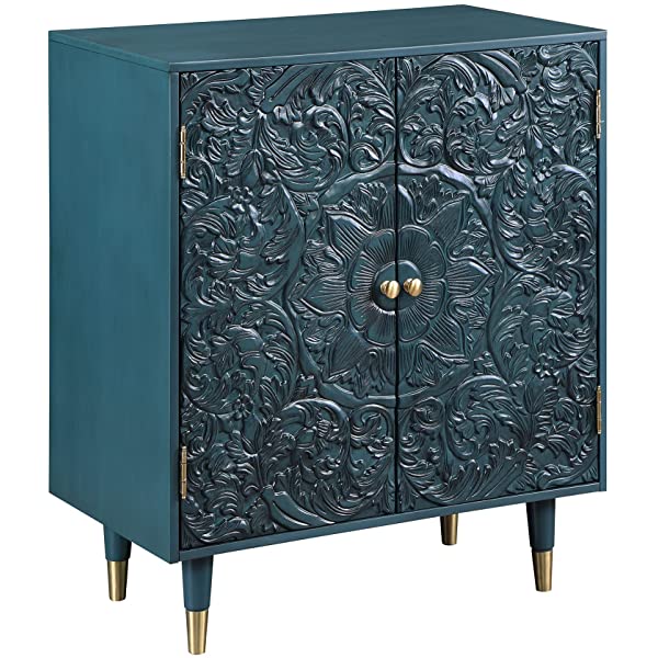 LALUZ Carved Accent Storage Cabinet Floor Cabinet for Bedroom Living Room, Oak Finish 30 Inch 30