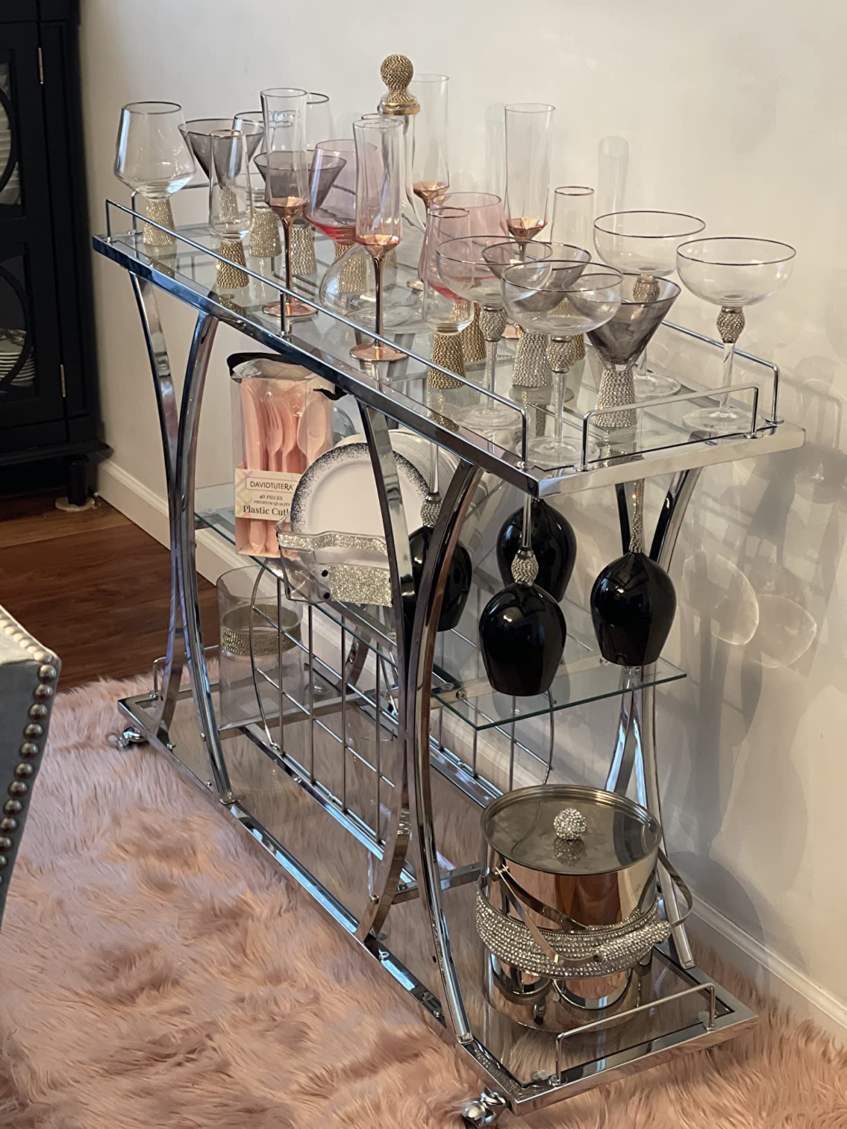 【Furniture】Bar Serving Cart with Glass Holder and Wine Rack, 3-Tier Kitchen Trolley, Mobile Wine Cart for Home