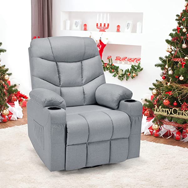 Esright Grey Fabric Massage Recliner Chair 360 Degrees Swivel Heated Ergonomic Lounge Chair