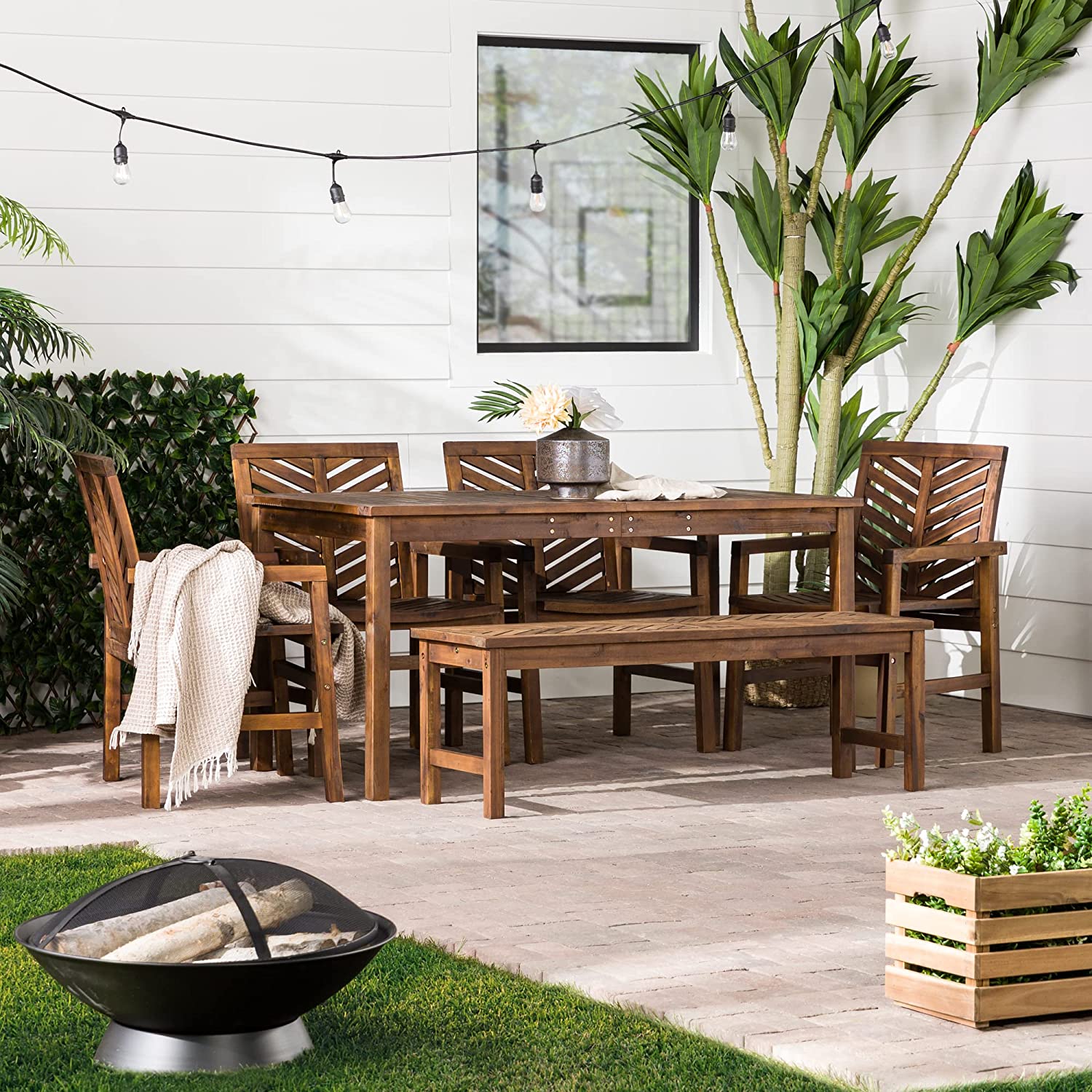 【Furniture】7 Person Outdoor Wood Chevron Patio Furniture Dining Set Table Chairs Bench