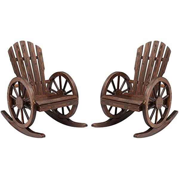 Kinsunny Rustic Wood Wagon Rocking Chair Outdoor Patio Lounge Rocker Set with Wheel Armrest for Garden, Country, Yard 1pc