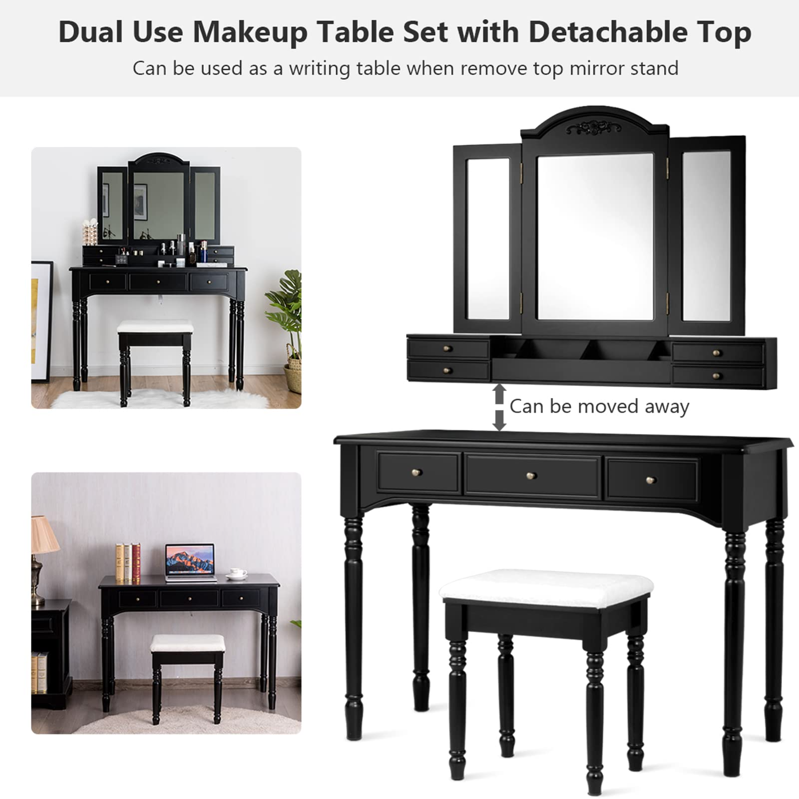 【Furniture】Vanity Desk Set, Dressing Table with Trifold Mirror, 8 Necklace Hooks, 7 Drawers