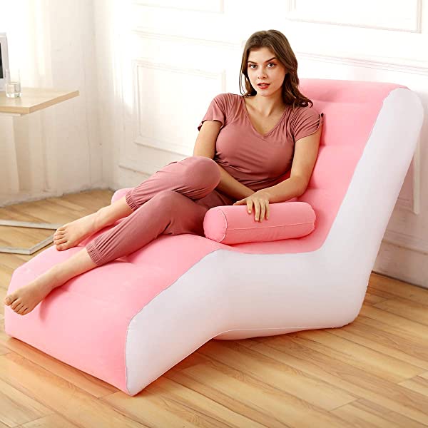 Inflatable Chaise Lounges Folding Lazy Floor Chair Sofa Lounger Bed with Armrests (Khaki)