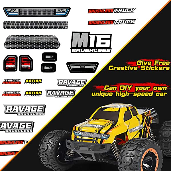 NUOKE Brushless RC Cars 1:16 Scale RTR 60km/h Remote Control Truck High Speed 4WD 2.4Ghz Waterproof Monster Truck with 2 Rechargeable Batteries Offroad Gift for Boys Car for Kids and Adults 1-yellow