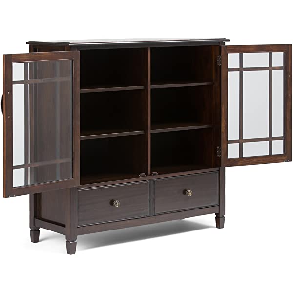 SIMPLIHOME Connaught SOLID WOOD 46 inch Wide Traditional Tall Storage Cabinet in Dark Chestnut Brown, with 2 Tempered Glass Doors that open to a Cabinet with 4 Adjustable Shelves an two Deep Drawers