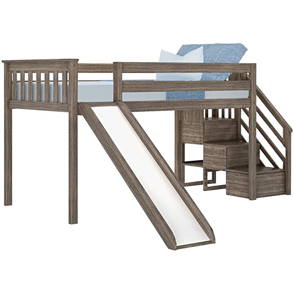 Max & Lily Twin Low Loft Bed with Staircase, White White Low Loft + Staircase Bed
