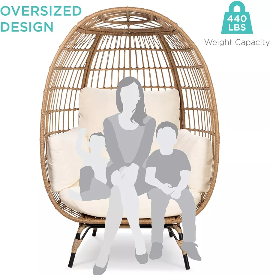 BEST CHOICE PRODUCTS WICKER EGG CHAIR, OVERSIZED INDOOR OUTDOOR LOUNGER FOR PATIO, BACKYARD, LIVING ROOM W/ 4 CUSHIONS, STEEL FRAME, 440LB