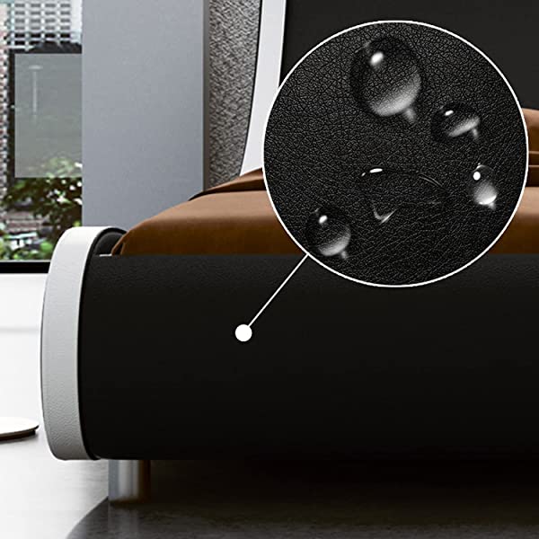 SHA CERLIN King Size Platform Bed, Faux Leather Low Profile Sleigh Bed Frame with Adjustable Headboard, Wood Slat Support, Black & White Black + White King