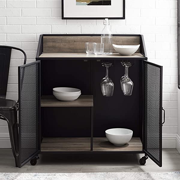 Walker Edison Malcomb Urban Industrial Metal Mesh Double Door Rolling Bar Cabinet, 33 Inch, Rustic Oak Rustic Oak 33 Inch