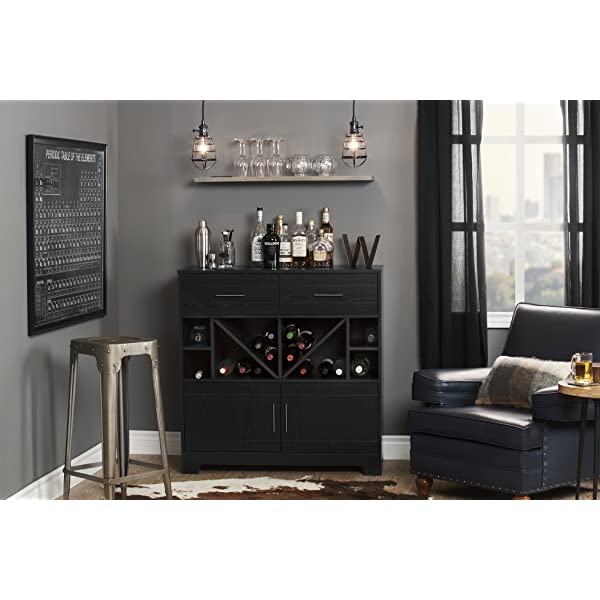 South Shore Vietti Bar Cabinet with Liquor and Wine Bottle Storage with Drawers, Black Oak with Metal Handles