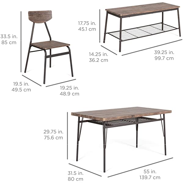 Best Choice Products 6-Piece 55in Wooden Modern Dining Set for Home, Kitchen, Dining Room w/Storage Racks, Rectangular Table, Bench, 4 Chairs, Steel Frame - Brown