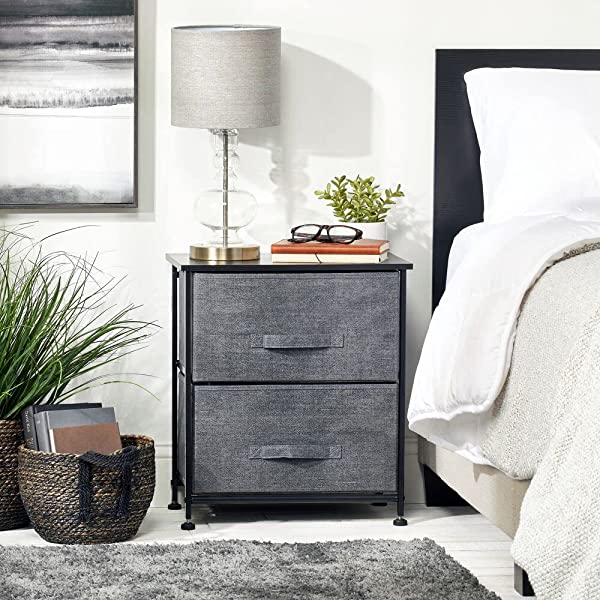 mDesign Storage Dresser End/Side Table Night Stand Furniture Unit - Small Standing Organizer for Bedroom, Office, Living Room, and Closet - 2 Drawer Removable Fabric Bins - Gray/White Grey