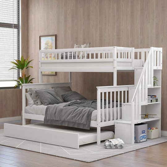 bed with stairs, solid wood bunk bed with casters and storage drawers.