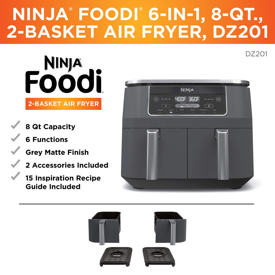 Ninja DZ201 Foodi 8 Quart 6-in-1 DualZone 2-Basket Air Fryer with 2 Independent Frying Baskets