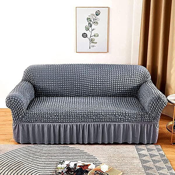 skyfiree Couch Cover Gray Sofa Slipcover Universal High Stretch Couch Cover 1 Piece Soft Sofa Cover for 3 Cushion Couch Elastic Durable Furniture Protector with Skirt 3 Seater Grey