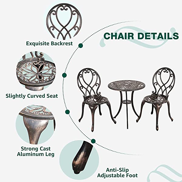 Patiorama 3 Piece Patio Bistro Set, Outdoor Cast Aluminum Furniture Set, All Weather Rust-Resistant Conversation Set w/Umbrella Holen, Antique Finish, Copper