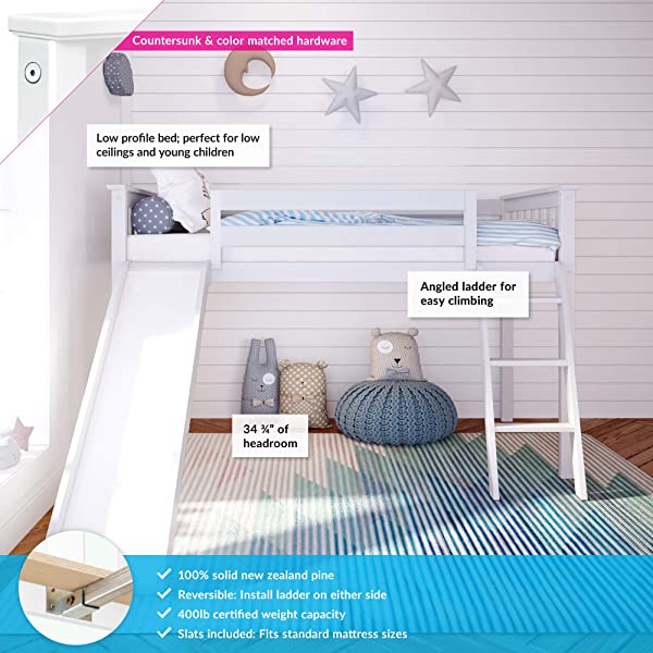 Max & Lily Twin Low Loft Bed with Staircase, White White Low Loft + Staircase Bed