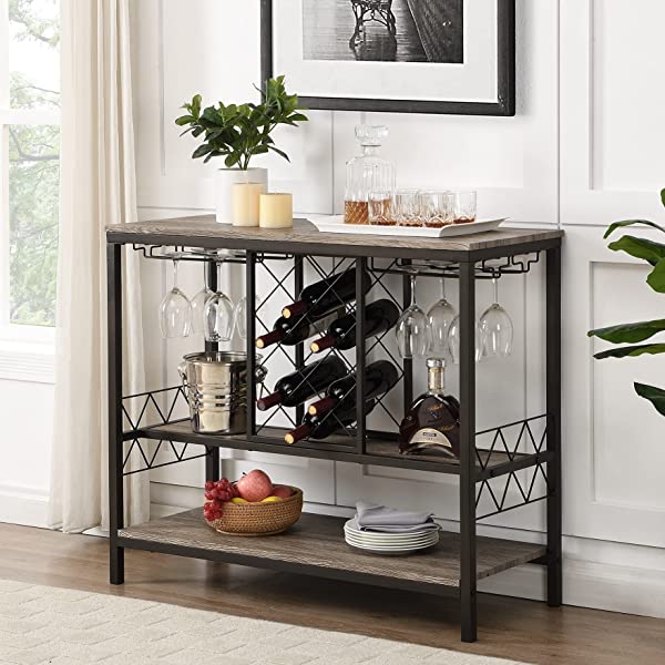 O&K FURNITURE Industrial Wine Rack Table with Glass Holder, Wine Bar Cabinet with Storage, Brown