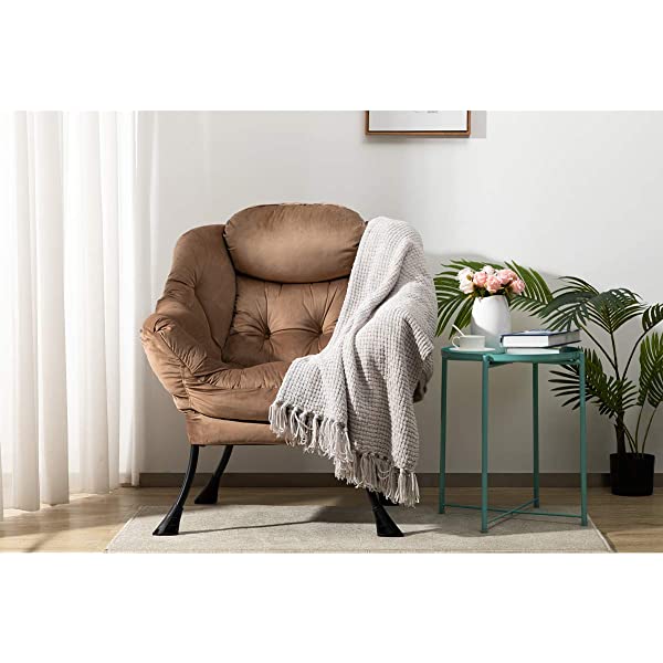 AbocoFur Modern Large Cotton Fabric Lazy Chair，Accent Contemporary Lounge Chair, Single Steel Frame Leisure Sofa Chair with Armrests and A Side Pocket, Beige