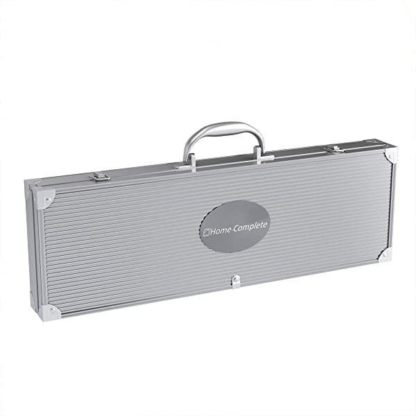 Home-Complete HC-1000 BBQ Accessories – 16PC Grill Set with Spatula, Tongs, Skewers, Case – Barbecue Tools for Father’s Day, Wedding, Anniversary, 16 Piece, Silver Steel 16-Piece