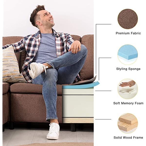 Flamaker Convertible Sectional Sofa L-Shaped Couch 3-seat Modern Fabric Reversible Sofa Couch for Living Room (Brown)