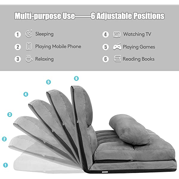 Giantex Adjustable Floor Sofa, Foldable Lazy Sofa Sleeper Bed 6-Position Adjustable, Suede Cloth Cover, Floor Gaming Sofa Couch with 2 Pillows for Bedroom/Living Room/Balcony (Blue)