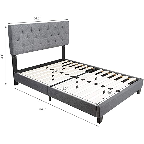 Giantex Shalini Upholstered Panel Platform Bed, Diamond Stitched Linen Panel Headboard, Metal Frame & 12 Strong Wooden Slat Support, Easy Assembly, Bed Mattress Foundation (Queen)