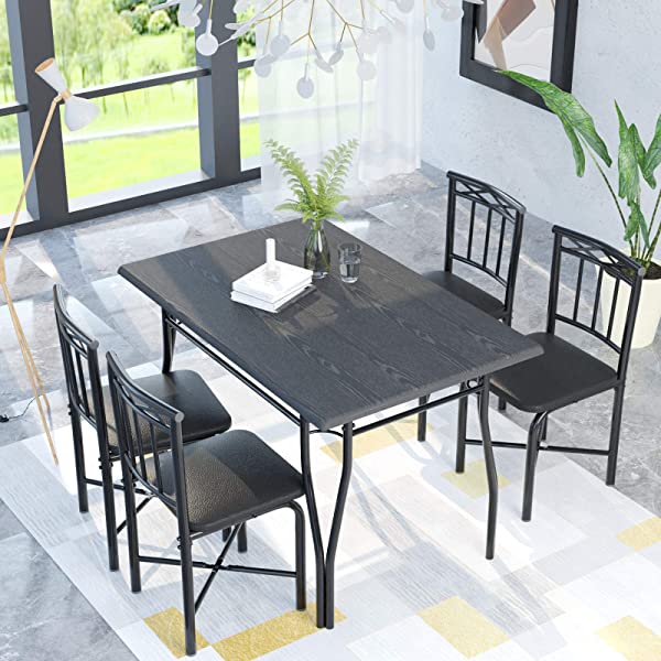 5 Piece Dining Table Set for Dining Room, Kitchen Table and Faux Leather Chairs for 4, Metal Legs, Padded Seat, Black Home Furniture