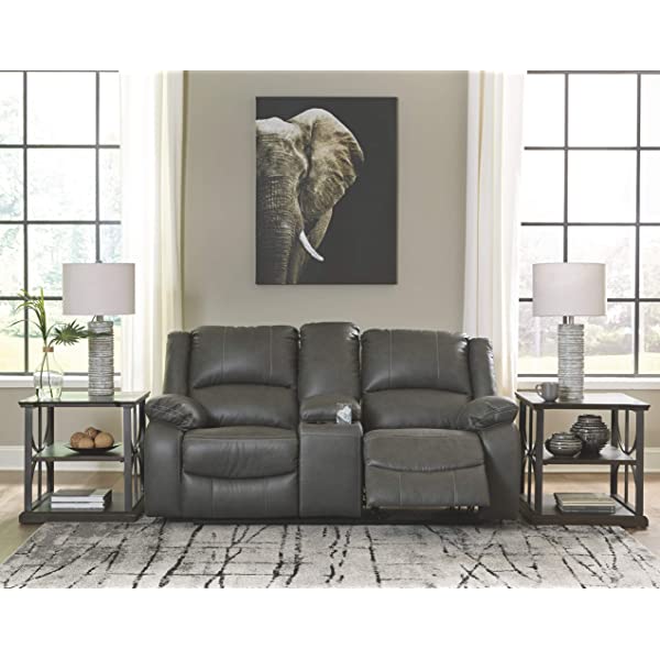 Signature Design by Ashley - Calderwell Contemporary Faux Leather Double Reclining Loveseat w/ Console - Adjustable - Gray Manual Loveseat Grey