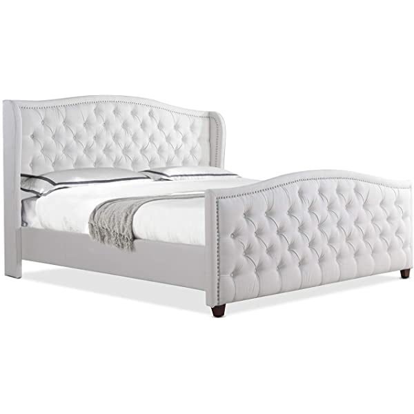 Jennifer Taylor Home Marcella Collection Queen Wingback Tufted Hand-Applied Nail Heads Upholstered Bed, Antique White Antique White Queen