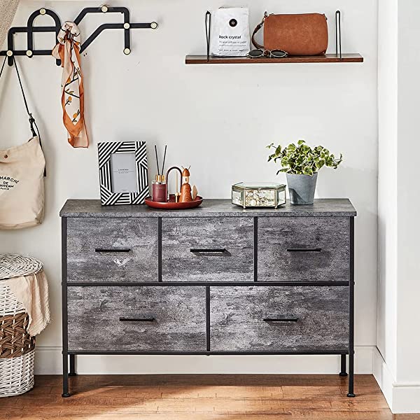 5 Drawer Dresser Long Wide Chest of Drawers Nightstand with Wood Top Rustic Storage Tower Storage Dresser Closet for Living Room, Bedroom, Hallway, Nursery, Kid Weathered Grey