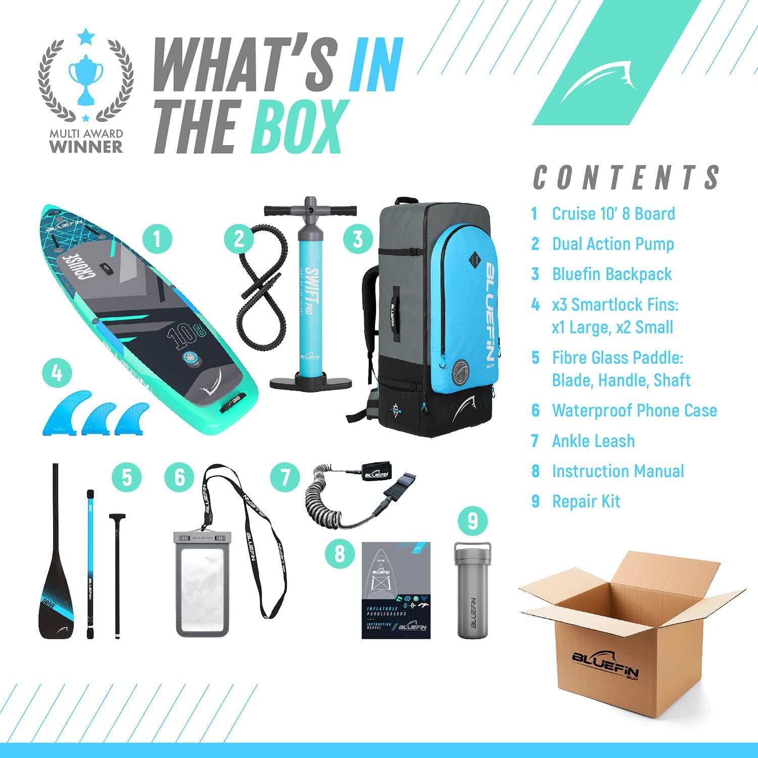 Bluefin Cruise SUP Inflatable Stand Up Paddle Board | Premium Paddleboard Accessories | Multiple sizes: Kids, 9'8, 10'4, 10’8, 12’, 15'