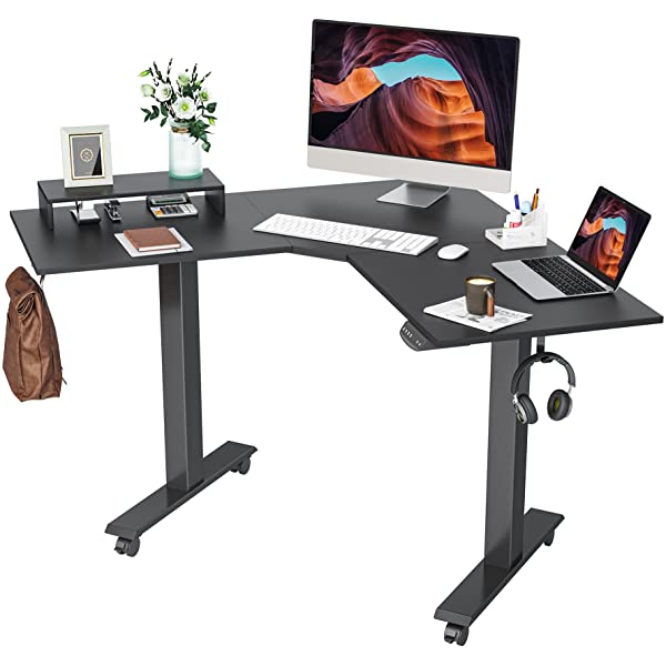 FEZIBO Dual Motor L-Shaped Electric Standing Desk, 48 Inches Height Adjustable Corner Desk, Full Sit Stand Home Office Table with Splice Board, Black Frame/Rustic Brown Top