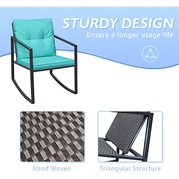 Greesum 3 Pieces Rocking Wicker Bistro Set, Patio Outdoor Furniture Conversation Sets with Porch Chairs and Glass Coffee Table, Beige