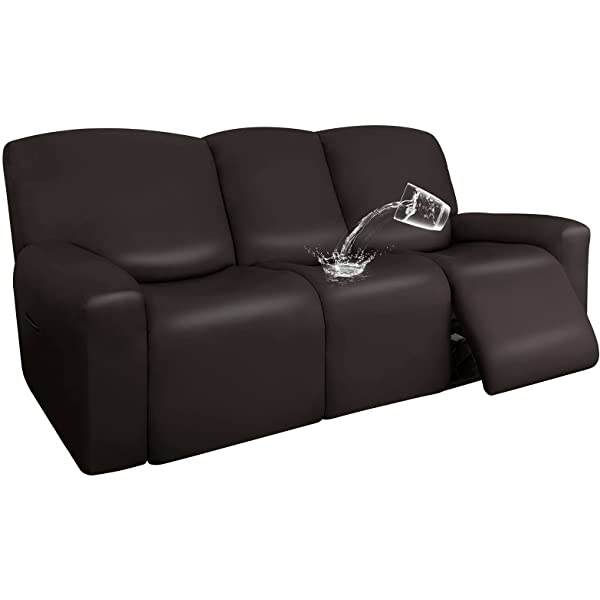 Easy-Going PU Leather Recliner Sofa Slipcovers, Waterproof Stretch Sofa Covers, 8 Pieces Stretch Furniture Protector, Elastic Strap Shield Pets Kids Children Cats Dogs Beige